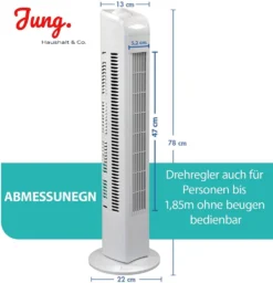 JUNG TVE21 Ventilator 76cm Weiss - Leise Turm-lüfter Lautstärke Max 48dbA, Turmventilator ENERGIESPAREND 0,05 KW/h,3 Stufen,75° Oszillierend Drehend [Energieklasse A+] -Luft Wrame Haus Geschaft 6f2cd49fce45e66658f5da1e0a59178e
