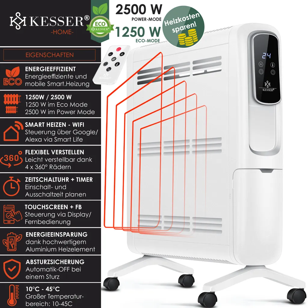 KESSER® Konvektor Elektrische Heizung ECO 2500W Heizkörper Elektroheizung Standheizung Energiesparend Display WiFi App & Fernbedienung Touchscreen - Mobil Radiator 24h Timer Thermostat, Farbe:Weiß 4 KESSER® Konvektor Elektrische Heizung ECO 2500W Heizkörper Elektroheizung Standheizung Energiesparend Display WiFi App & Fernbedienung Touchscreen - Mobil Radiator 24h Timer Thermostat, Farbe:Weiß – Bild 4