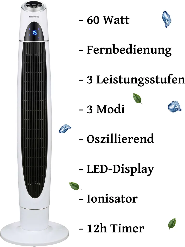 Echos Turmventilator | Aircooler | Tower Fan | Ventilator | Timer | Oszillierend | 60 Watt 2 Echos Turmventilator | Aircooler | Tower Fan | Ventilator | Timer | Oszillierend | 60 Watt – Bild 2