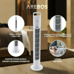 AREBOS Turmventilator Mit Timer, 40 Watt, 75°-Oszillation, Ventilator Mit 3 Geschwindigkeitsstufen, , Weiß -Luft Wrame Haus Geschaft 77337b5e8569a3b93eb4dc0b288312e8