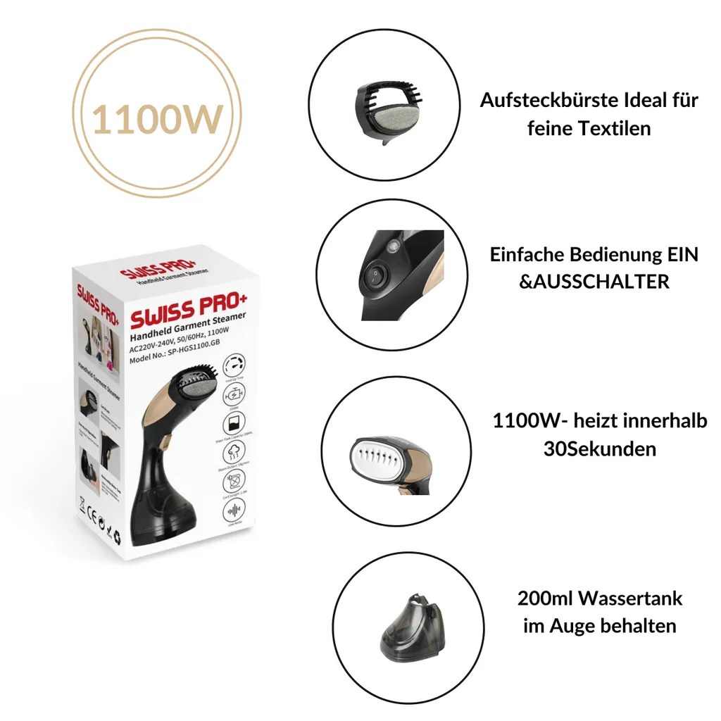 Swiss Pro Streamer Schwarz Dampfglätter 1100W-200ml Tragbares Handbügeleisen Für Reise & Zuhause 2 Swiss Pro Streamer Schwarz Dampfglätter 1100W-200ml Tragbares Handbügeleisen Für Reise & Zuhause – Bild 2