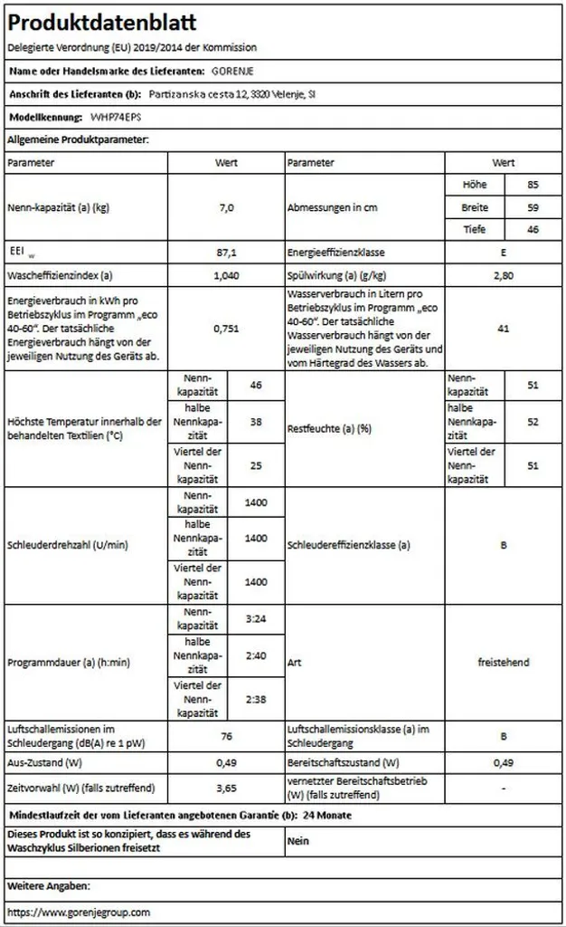 Gorenje WHP74EPS Waschmaschine - Freistehend - Frontlader - 7 Kg Fassungsvermögen - 1400 U/min. - AquaStop - Weiß - Wasserpegelsensor - 15 Programme - Kindersicherung 10 Gorenje WHP74EPS Waschmaschine - Freistehend - Frontlader - 7 Kg Fassungsvermögen - 1400 U/min. - AquaStop - Weiß - Wasserpegelsensor - 15 Programme - Kindersicherung – Bild 10