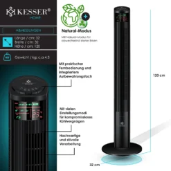 KESSER® Turmventilator Mit Fernbedienung | 120 Cm | Oszilation | 55W | LED-Display | Ventilator Mit 3 Geschwindigkeitsstufen + Timer Bis 12 Stunden + 3 Betriebsmodi + 90° Oszillierend Towerventilator, Farbe:Schwarz -Luft Wrame Haus Geschaft 7c11f005f7de7e322babfd4ec130c878
