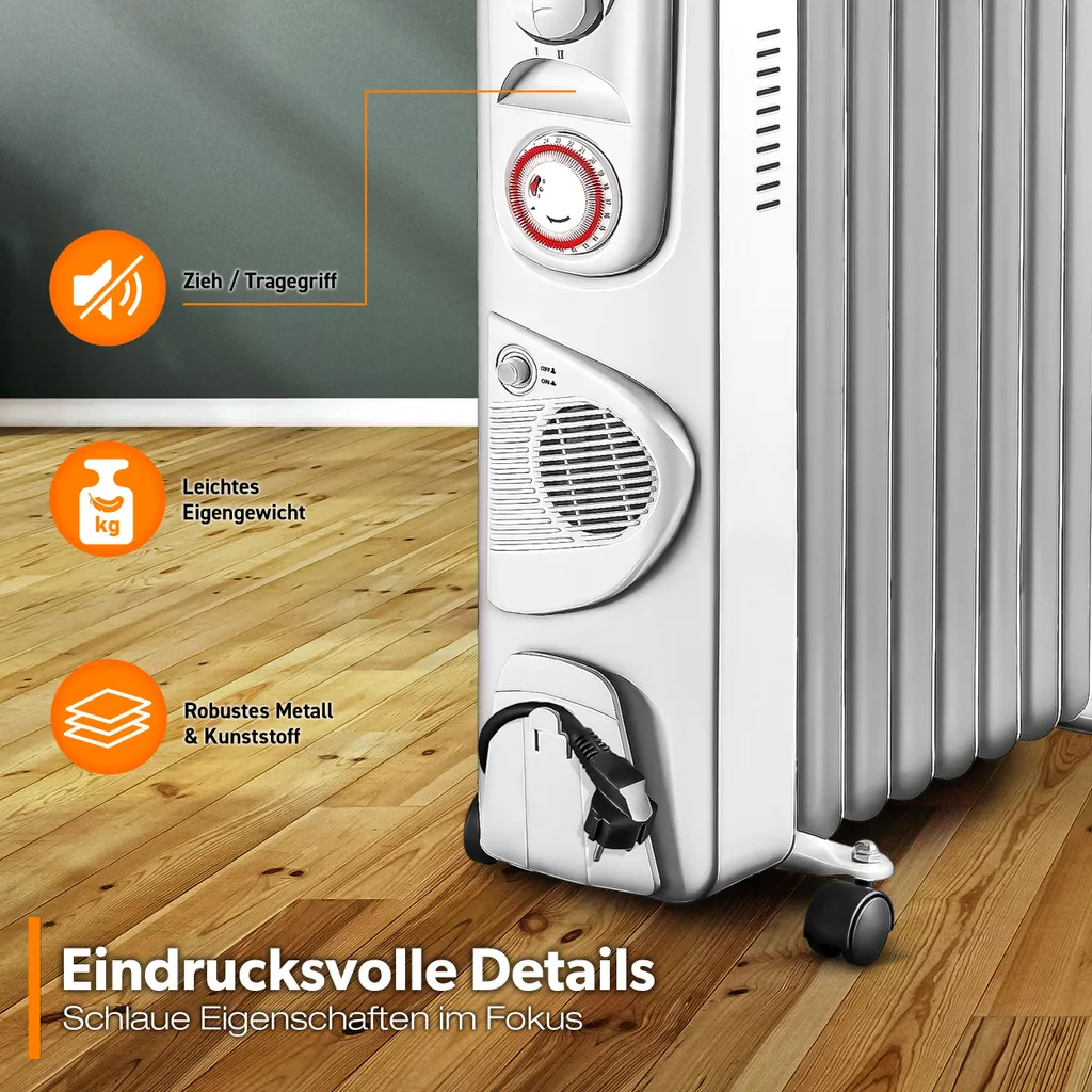 TRESKO® Ölradiator Weiß 2000W Elektroheizung Radiator Öl Heizkörper Heizung Timer 6 TRESKO® Ölradiator Weiß 2000W Elektroheizung Radiator Öl Heizkörper Heizung Timer – Bild 6