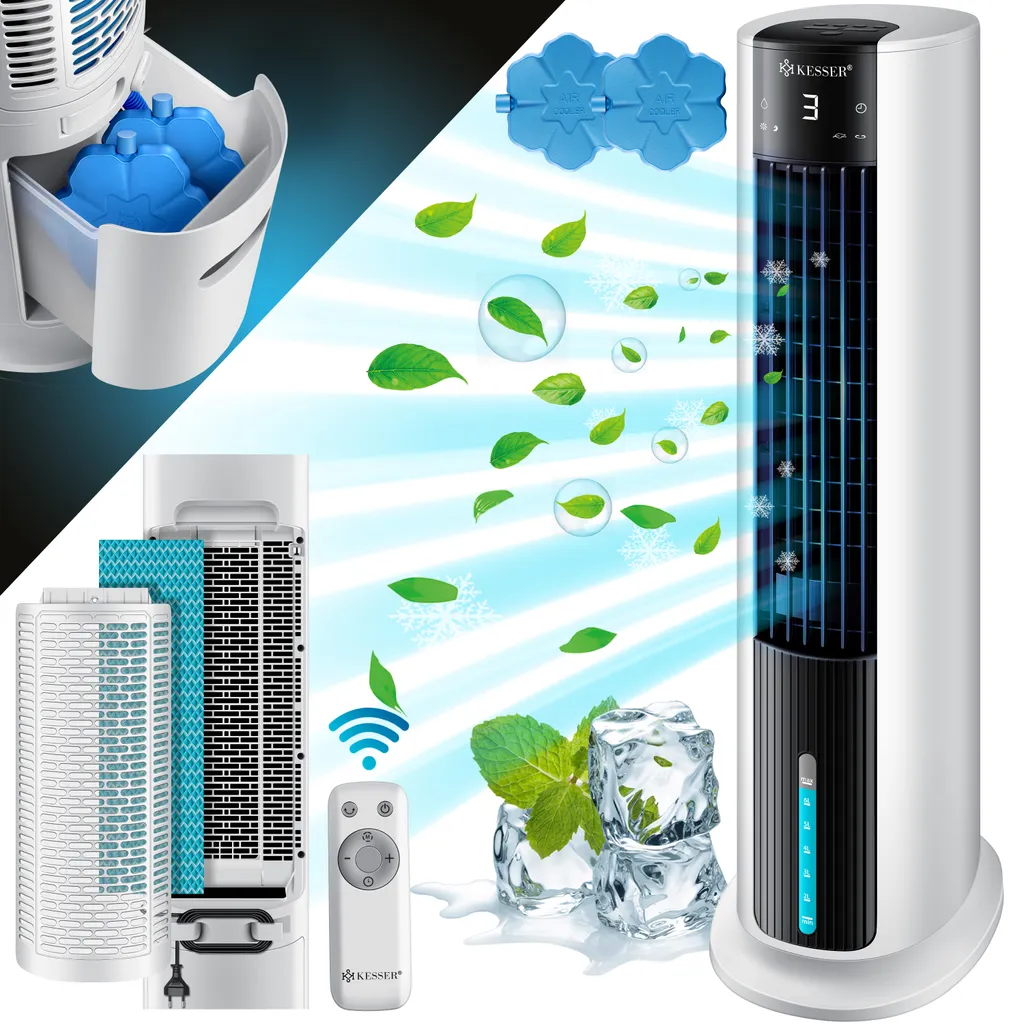 KESSER® 4in1 Mobile Klimaanlage Tower Klimagerät Ventilator/Luftkühler/Luftbefeuchter/Ionisator, Mit Fernbedienung , Timer , Wassertank, 60W, Klima , 2 Kühlakkus Turmventilator, Farbe:Weiß / Schwarz 1 KESSER® 4in1 Mobile Klimaanlage Tower Klimagerät Ventilator/Luftkühler/Luftbefeuchter/Ionisator, Mit Fernbedienung , Timer , Wassertank, 60W, Klima , 2 Kühlakkus Turmventilator, Farbe:Weiß / Schwarz