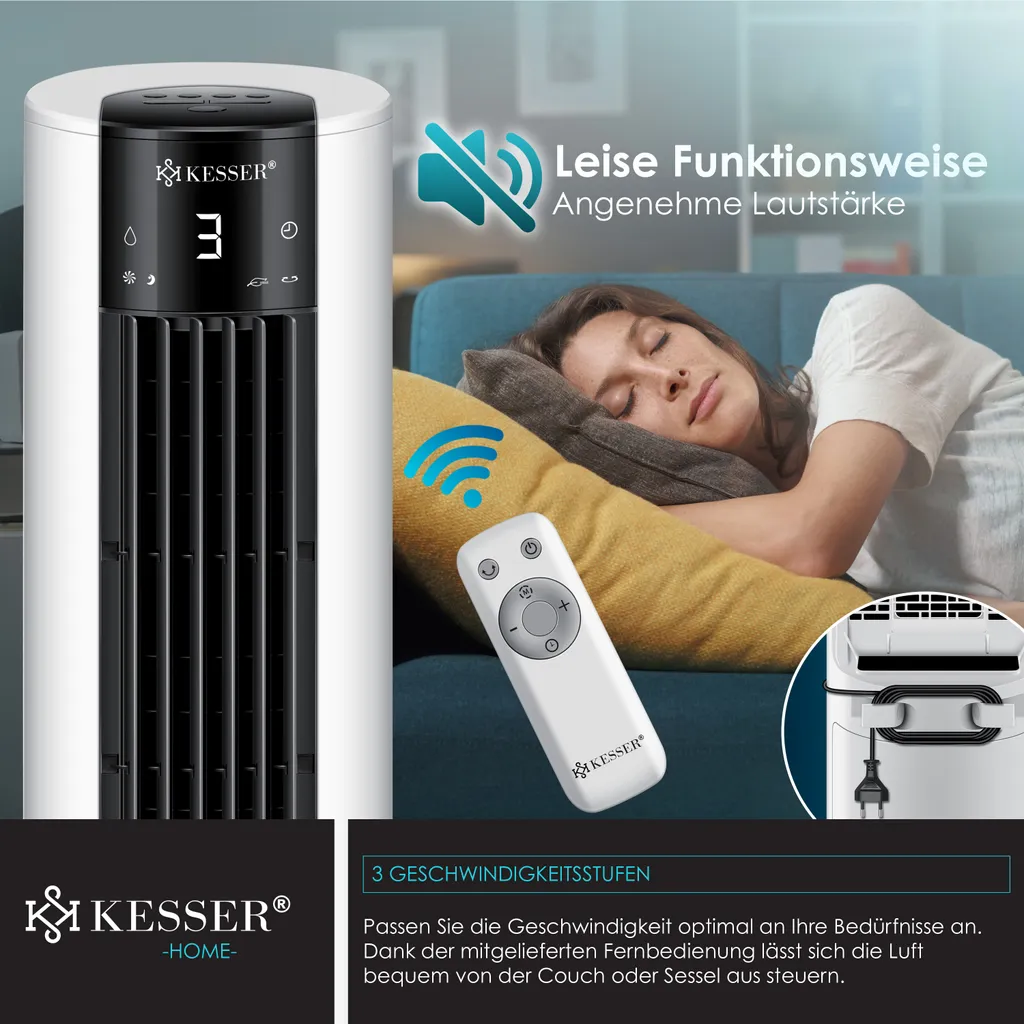KESSER® 4in1 Mobile Klimaanlage Tower Klimagerät Ventilator/Luftkühler/Luftbefeuchter/Ionisator, Mit Fernbedienung , Timer , Wassertank, 60W, Klima , 2 Kühlakkus Turmventilator, Farbe:Weiß / Schwarz 10 KESSER® 4in1 Mobile Klimaanlage Tower Klimagerät Ventilator/Luftkühler/Luftbefeuchter/Ionisator, Mit Fernbedienung , Timer , Wassertank, 60W, Klima , 2 Kühlakkus Turmventilator, Farbe:Weiß / Schwarz – Bild 10