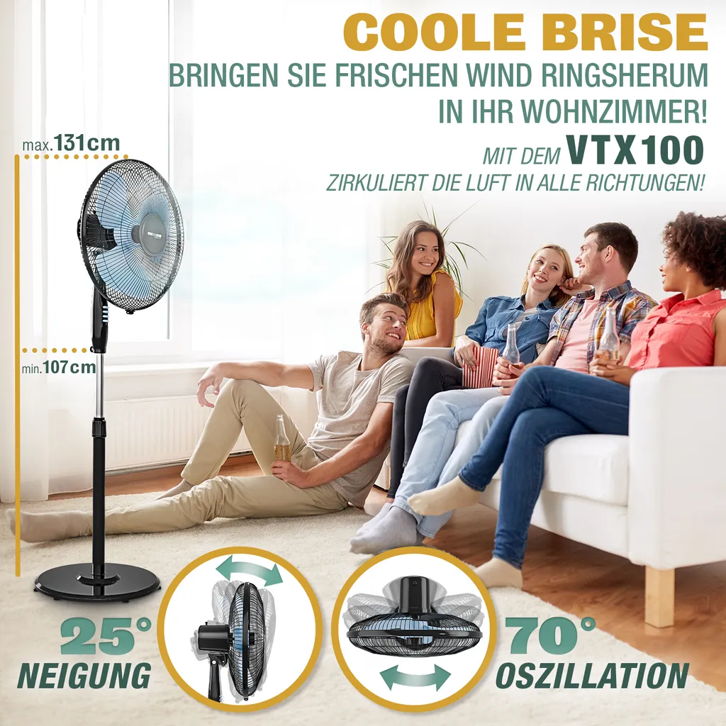 RelaxxNow Super Leiser Standventilator Mit 45W Motoren Leistung, Oszillierender Ventilator Mit 3 Geschwindigkeitsstufen Und Höhenverstellbarkeit Bis 131cm, 41 DB Schlafmodus & 41cm Durchmesser, VTX100 2 RelaxxNow Super Leiser Standventilator Mit 45W Motoren Leistung, Oszillierender Ventilator Mit 3 Geschwindigkeitsstufen Und Höhenverstellbarkeit Bis 131cm, 41 DB Schlafmodus & 41cm Durchmesser, VTX100 – Bild 2
