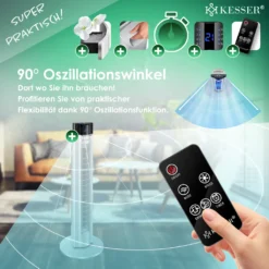 KESSER® Turmventilator Mit Fernbedienung | 3 Stufen | 3 Modi | 107cm | 60 Watt | 7,5 Timer | LED-Leuchten | Tower-Ventilator | Standventilator | Säulenventilator | Luftkühler 90° Oszillierend, Farbe:Silber -Luft Wrame Haus Geschaft 8b0384f67ad559431bdd32e3d88dab0d