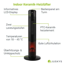 Juskys Turm-Keramik-Heizer – Elektrischer Heizlüfter Mit LCD Display & Fernbedienung, 1000 / 2000W, Kamineffekt, Timer, Oszillation & Umkippschutz -Luft Wrame Haus Geschaft 8b97cb11ee94cd5e1abe9274be594c99