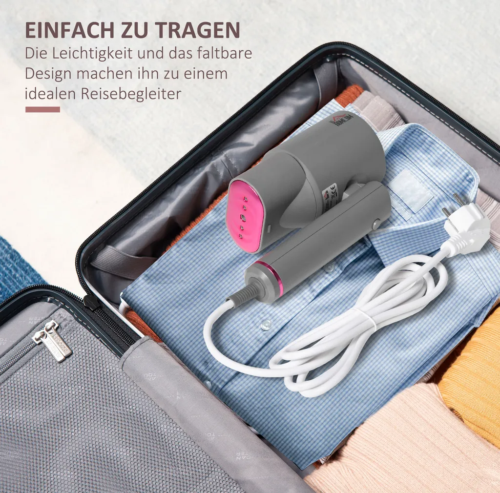 HOMCOM Dampfglätter Dampfbürste Faltbar Kleidung Hemden Dampfbügeleisen Mit 160 Ml Wassertank 1520 W Schnelles Aufheizen Aluminium Kunststoff Grau+Rosa 27,5 X 18,2 X 9 Cm 8 HOMCOM Dampfglätter Dampfbürste Faltbar Kleidung Hemden Dampfbügeleisen Mit 160 Ml Wassertank 1520 W Schnelles Aufheizen Aluminium Kunststoff Grau+Rosa 27,5 X 18,2 X 9 Cm – Bild 8