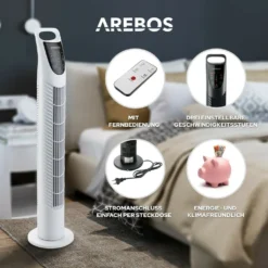 AREBOS Turmventilator Mit Fernbedienung & Timer, 40 Watt, Mit 3 Geschwindigkeitsstufen & Sleep-Modus, Weiß -Luft Wrame Haus Geschaft 8d5487905192949f515cc8c24a4b9e1e