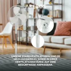 AREBOS Standventilator Turmventilator 45W, 80° Oszillation, 3 Geschwindigkeitsstufen, Leiser Betrieb, Weiß, Höhenverstellbar Bis 122 Cm, Bis 30° Neigbar -Luft Wrame Haus Geschaft 959c604d9f806f77933f165688bb2731