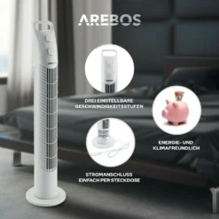 AREBOS Turmventilator Mit Timer, 40 Watt, 75°-Oszillation, Ventilator Mit 3 Geschwindigkeitsstufen, , Weiß -Luft Wrame Haus Geschaft 99b483770e13e1e58710e1378dc225c7