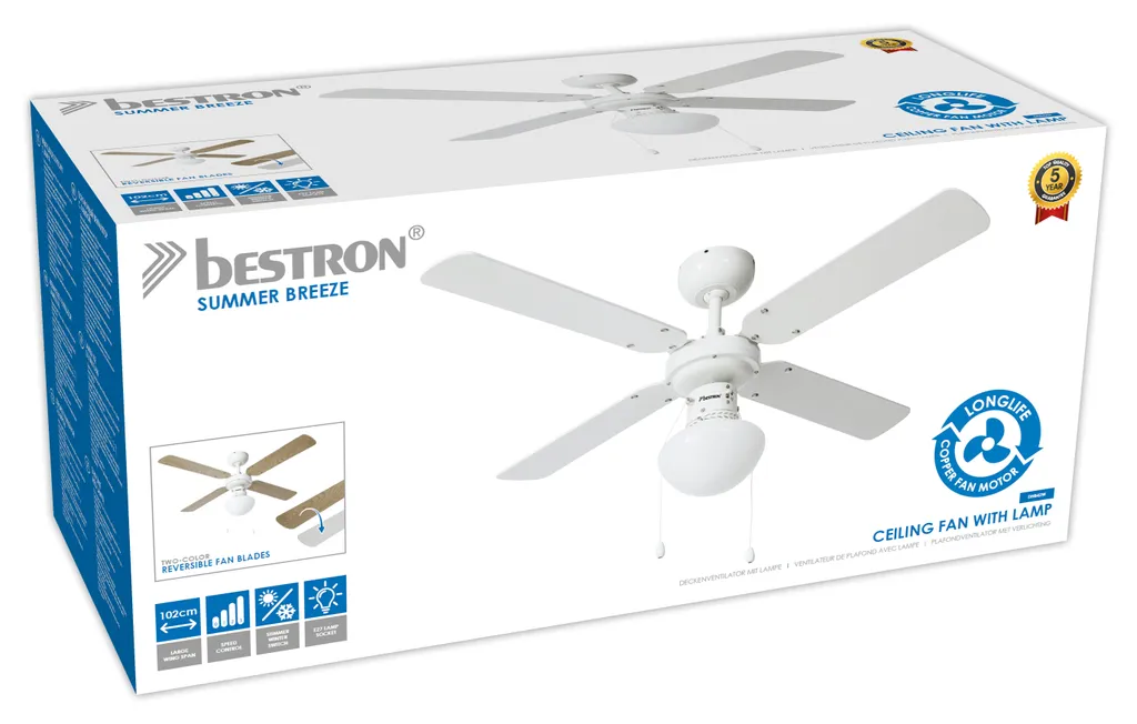 Bestron Deckenventilator Mit Beleuchtung, 3 Geschwindkigkeitsstufen & Großer Flügelspannweite Von Ø102 Cm, 50 W, Farbe: Ahorn/Weiß 4 Bestron Deckenventilator Mit Beleuchtung, 3 Geschwindkigkeitsstufen & Großer Flügelspannweite Von Ø102 Cm, 50 W, Farbe: Ahorn/Weiß – Bild 4