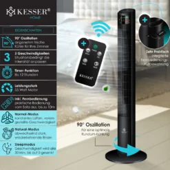 KESSER® Turmventilator Mit Fernbedienung | 120 Cm | Oszilation | 55W | LED-Display | Ventilator Mit 3 Geschwindigkeitsstufen + Timer Bis 12 Stunden + 3 Betriebsmodi + 90° Oszillierend Towerventilator, Farbe:Schwarz -Luft Wrame Haus Geschaft a902a9a70daadc90f4d44517b0399f3c