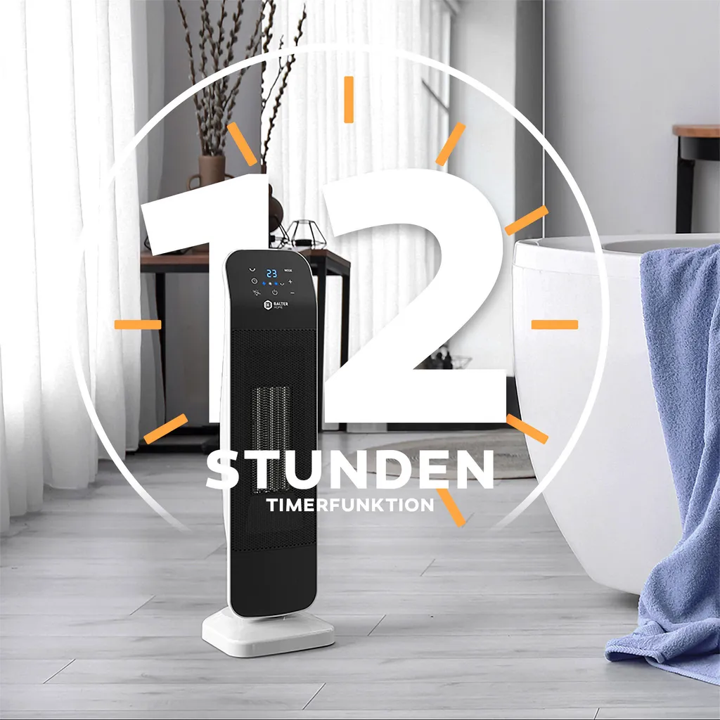 BALTER Heizlüfter 2000W, Heizstrahler, Heizung, Fernbedienung, Thermostat, 3 Heizstufen, Elektroheizung Mit 80° Oszillation, 12H Timer, Überhitzungs- Und Kippschutz 9 BALTER Heizlüfter 2000W, Heizstrahler, Heizung, Fernbedienung, Thermostat, 3 Heizstufen, Elektroheizung Mit 80° Oszillation, 12H Timer, Überhitzungs- Und Kippschutz – Bild 9