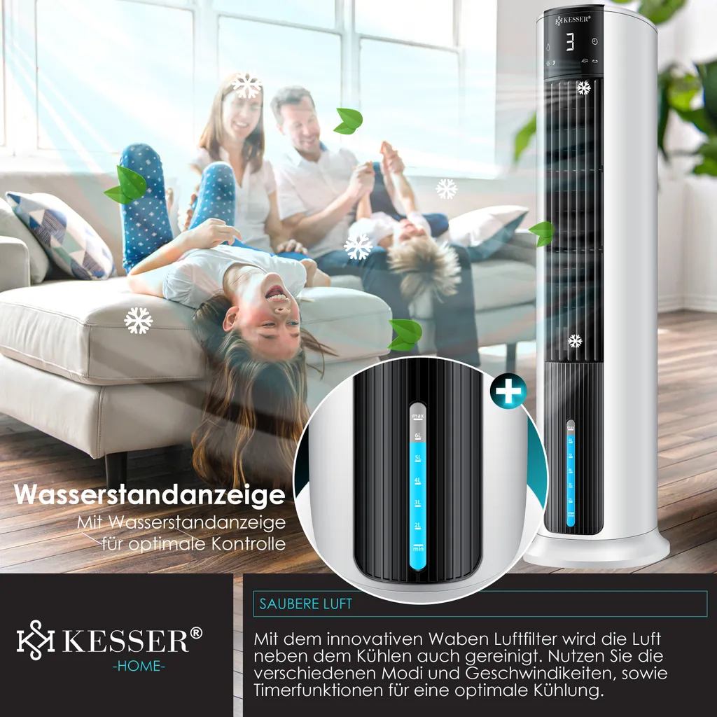 KESSER® 4in1 Mobile Klimaanlage Tower Klimagerät Ventilator/Luftkühler/Luftbefeuchter/Ionisator, Mit Fernbedienung , Timer , Wassertank, 60W, Klima , 2 Kühlakkus Turmventilator, Farbe:Weiß / Schwarz 4 KESSER® 4in1 Mobile Klimaanlage Tower Klimagerät Ventilator/Luftkühler/Luftbefeuchter/Ionisator, Mit Fernbedienung , Timer , Wassertank, 60W, Klima , 2 Kühlakkus Turmventilator, Farbe:Weiß / Schwarz – Bild 4