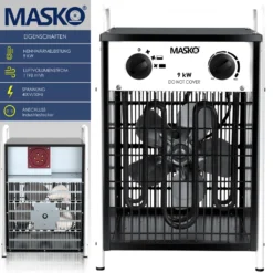 MASKO® Elektroheizer Heizlüfter Bauheizer Mit Integriertem Thermostat Elektrisch Heizgerät Mit 3 Heizstufen Heizgebläse Für Innen- Und Außeneinsatz Überlastschutz Elektroheizgebläse , Farbe:Weiß, Größe:9 KW -Luft Wrame Haus Geschaft b66d5cc6208ab05304f2f0eb94338d4b