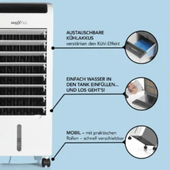 MAXXMEE Luftkühler Mobil 80 W - Zum Kühlen, Befeuchten & Ionisieren Der Raumluft - Weiß Luftkühler Ventilator Kühlgerät Klimagerät Mobil Luftbefeuchter Ionisator Timer -Luft Wrame Haus Geschaft b671bfd3a63c7bc236ec43bedee8c2c8
