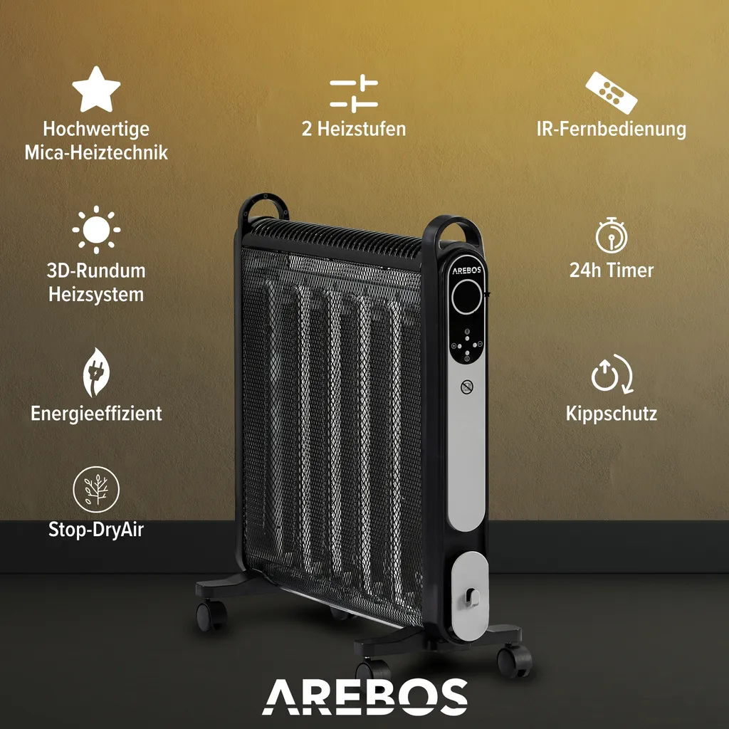 AREBOS Mica Konvektor 2000 W | Wärmewellenheizer | Elektroheizung | Konvektor-Heizung | Mobile Elektroheizung Energiesparend | Leise Heizung | Mobiler Elektro Heizlüfter Mit 2 Heizstufen | Schwarz 3 AREBOS Mica Konvektor 2000 W | Wärmewellenheizer | Elektroheizung | Konvektor-Heizung | Mobile Elektroheizung Energiesparend | Leise Heizung | Mobiler Elektro Heizlüfter Mit 2 Heizstufen | Schwarz – Bild 3