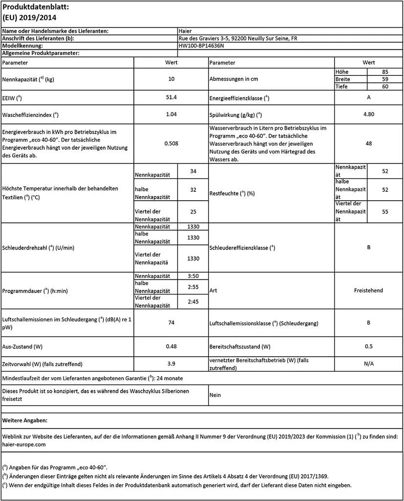 Haier HW100-BP14636N Frontlader Waschmaschine Bürstenloser Inverter Motor 10 Kg 12 Haier HW100-BP14636N Frontlader Waschmaschine Bürstenloser Inverter Motor 10 Kg – Bild 12