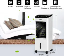 COSTWAY 4in1 Mobile Klimaanlage 65W, 3 Stufen Klimagerät 7L Tank, Inkl. 7,5H Timer, Fernbedienung & 2 Kühlakkus, Luftbefeuchter, Luftreiniger, Ventilator, Luftkühler, Aircooler -Luft Wrame Haus Geschaft c0f357cdb7df62d09cee40cc291ae6d8