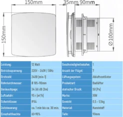 Badlüfter Nachlauffunktion Timer Ø 100mm Ventilator Mit Rückflussleitblech Wandlüfter Luftzufuhr 95r [m³/h] Weiß -Luft Wrame Haus Geschaft c2856dfc02054ae3e7dcf1d763e4620b
