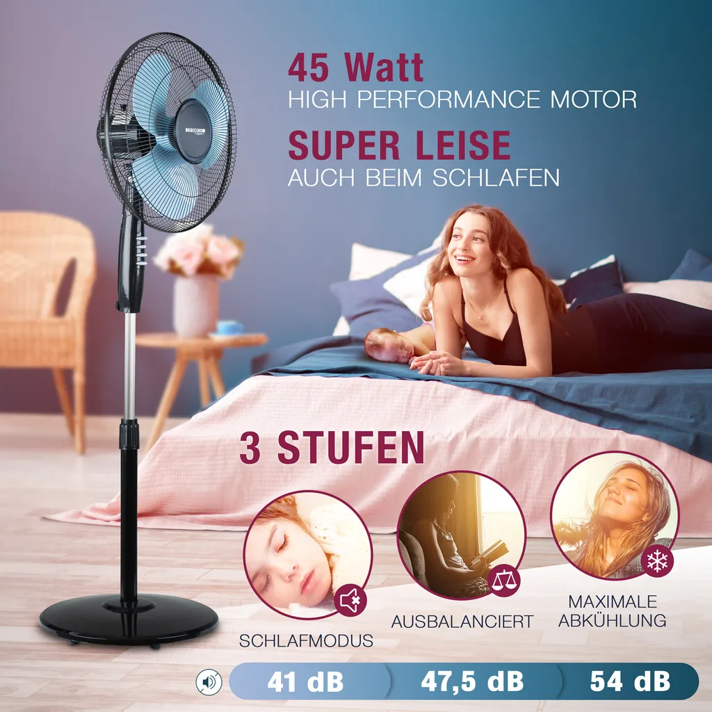 RelaxxNow Super Leiser Standventilator Mit 45W Motoren Leistung, Oszillierender Ventilator Mit 3 Geschwindigkeitsstufen Und Höhenverstellbarkeit Bis 131cm, 41 DB Schlafmodus & 41cm Durchmesser, VTX100 7 RelaxxNow Super Leiser Standventilator Mit 45W Motoren Leistung, Oszillierender Ventilator Mit 3 Geschwindigkeitsstufen Und Höhenverstellbarkeit Bis 131cm, 41 DB Schlafmodus & 41cm Durchmesser, VTX100 – Bild 7
