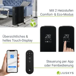 Juskys Elektroheizung Ölradiator 2500W - Wi-Fi Steuerung, Fernbedienung & Touch-Display - Energiesparender Radiator, 2 Heizstufen, 24h Timer - Schwarz -Luft Wrame Haus Geschaft cfe6369b5db0323259b73ee6a61f27ed