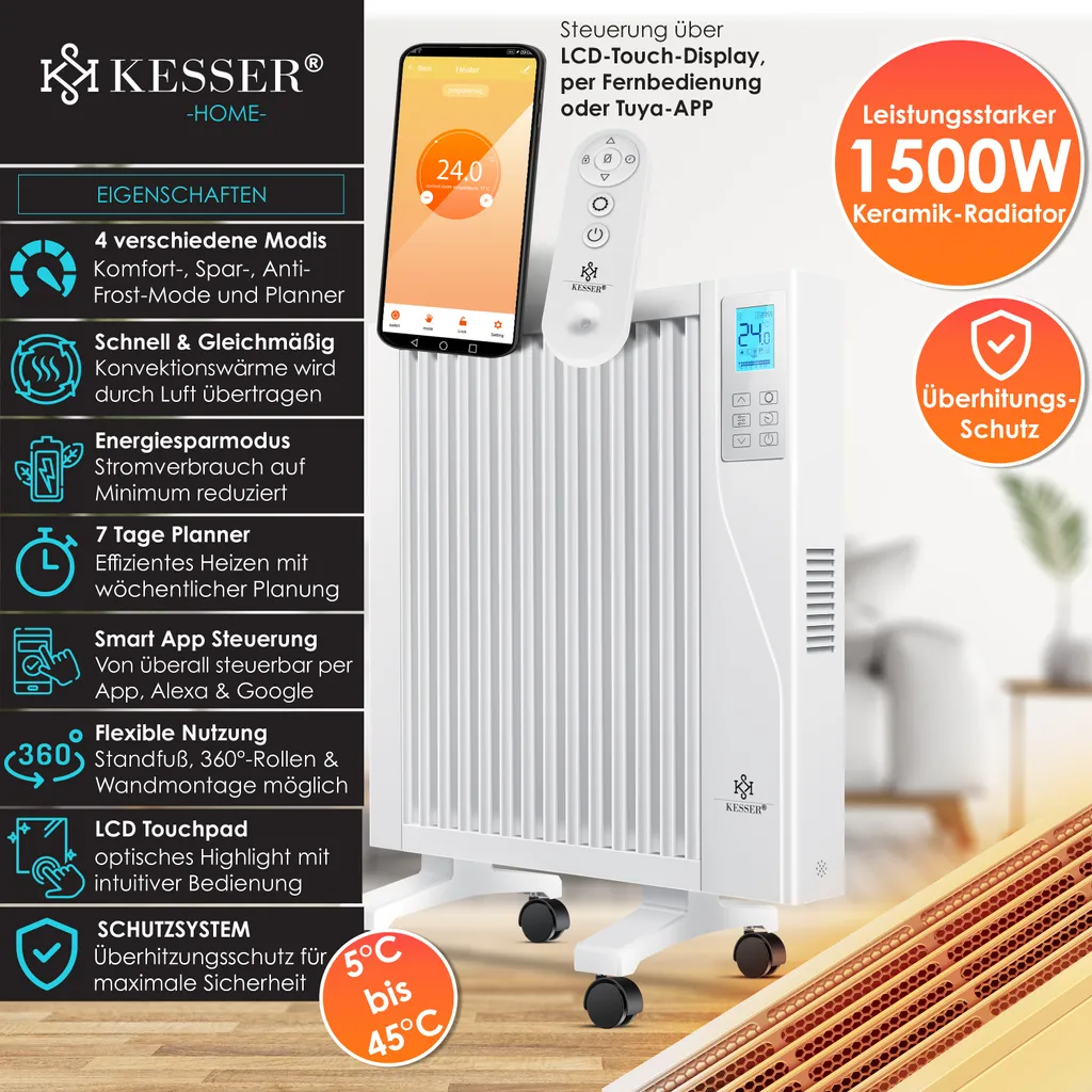 KESSER® Elektroheizkörper Infrarotheizung Energiesparend 2in1 Mobile & Wand-Konvektor Elektroheizung Mit WiFi App-Steuerung & Fernbedienung Radiator Heizung Elektrisch Heizkörper 24h Timer, Farbe:Weiß, Größe:1500W 4 KESSER® Elektroheizkörper Infrarotheizung Energiesparend 2in1 Mobile & Wand-Konvektor Elektroheizung Mit WiFi App-Steuerung & Fernbedienung Radiator Heizung Elektrisch Heizkörper 24h Timer, Farbe:Weiß, Größe:1500W – Bild 4