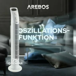 AREBOS Turmventilator Mit Timer, 40 Watt, 75°-Oszillation, Ventilator Mit 3 Geschwindigkeitsstufen, , Weiß -Luft Wrame Haus Geschaft d3b0d545808630c9e11854e6d4befee8