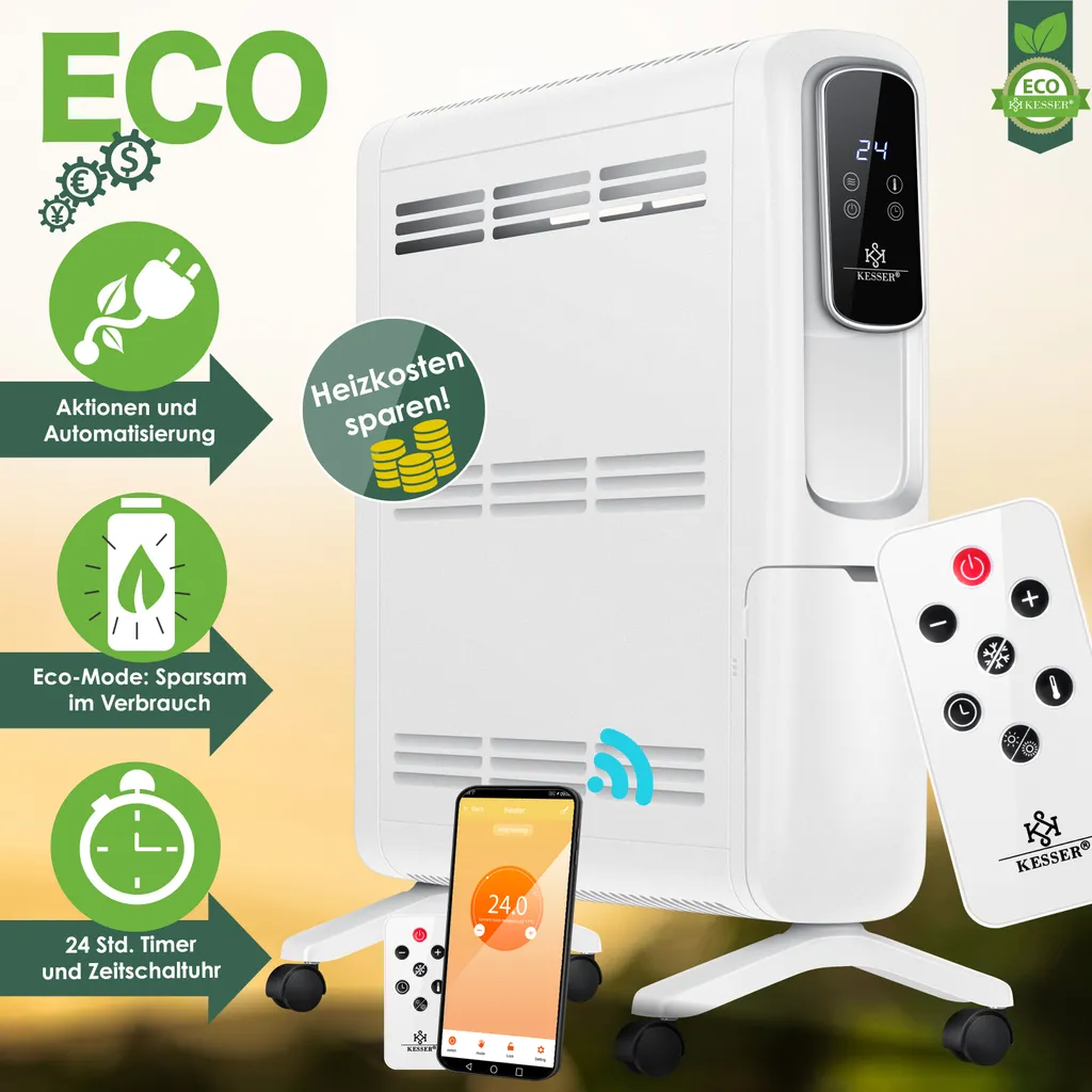 KESSER® Konvektor Elektrische Heizung ECO 2500W Heizkörper Elektroheizung Standheizung Energiesparend Display WiFi App & Fernbedienung Touchscreen - Mobil Radiator 24h Timer Thermostat, Farbe:Weiß 8 KESSER® Konvektor Elektrische Heizung ECO 2500W Heizkörper Elektroheizung Standheizung Energiesparend Display WiFi App & Fernbedienung Touchscreen - Mobil Radiator 24h Timer Thermostat, Farbe:Weiß – Bild 8