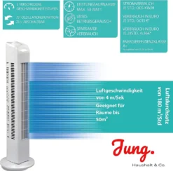 JUNG TVE21 Ventilator 76cm Weiss - Leise Turm-lüfter Lautstärke Max 48dbA, Turmventilator ENERGIESPAREND 0,05 KW/h,3 Stufen,75° Oszillierend Drehend [Energieklasse A+] -Luft Wrame Haus Geschaft da06264cfd49ffad59542416dd0d3ae5