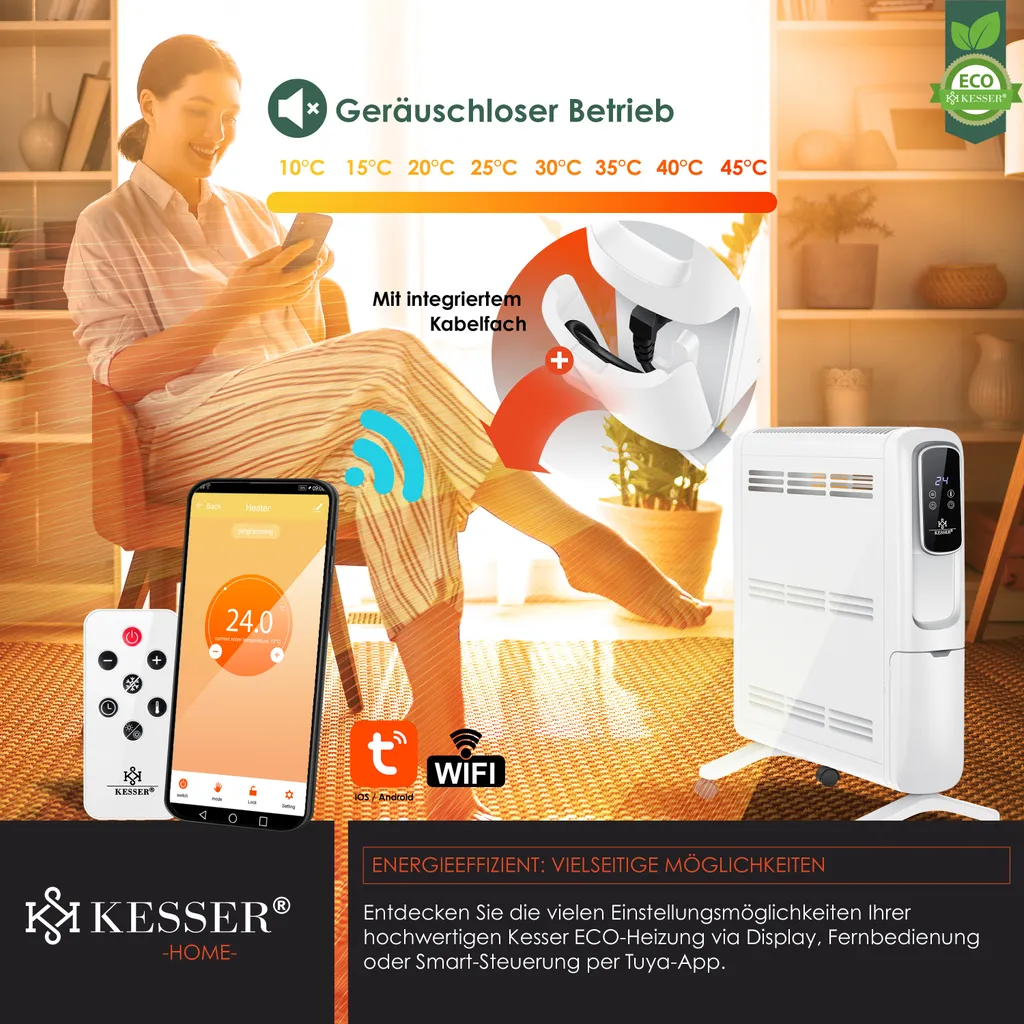KESSER® Konvektor Elektrische Heizung ECO 2500W Heizkörper Elektroheizung Standheizung Energiesparend Display WiFi App & Fernbedienung Touchscreen - Mobil Radiator 24h Timer Thermostat, Farbe:Weiß 6 KESSER® Konvektor Elektrische Heizung ECO 2500W Heizkörper Elektroheizung Standheizung Energiesparend Display WiFi App & Fernbedienung Touchscreen - Mobil Radiator 24h Timer Thermostat, Farbe:Weiß – Bild 6