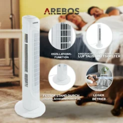 AREBOS Turmventilator, 50 Watt, 60°-Oszillation, 3 Geschwindigkeitsstufen, Ventilator Mit Tragegriff, Weiß, Leise -Luft Wrame Haus Geschaft e4fcc8fadc03a244242bcf5dce659909