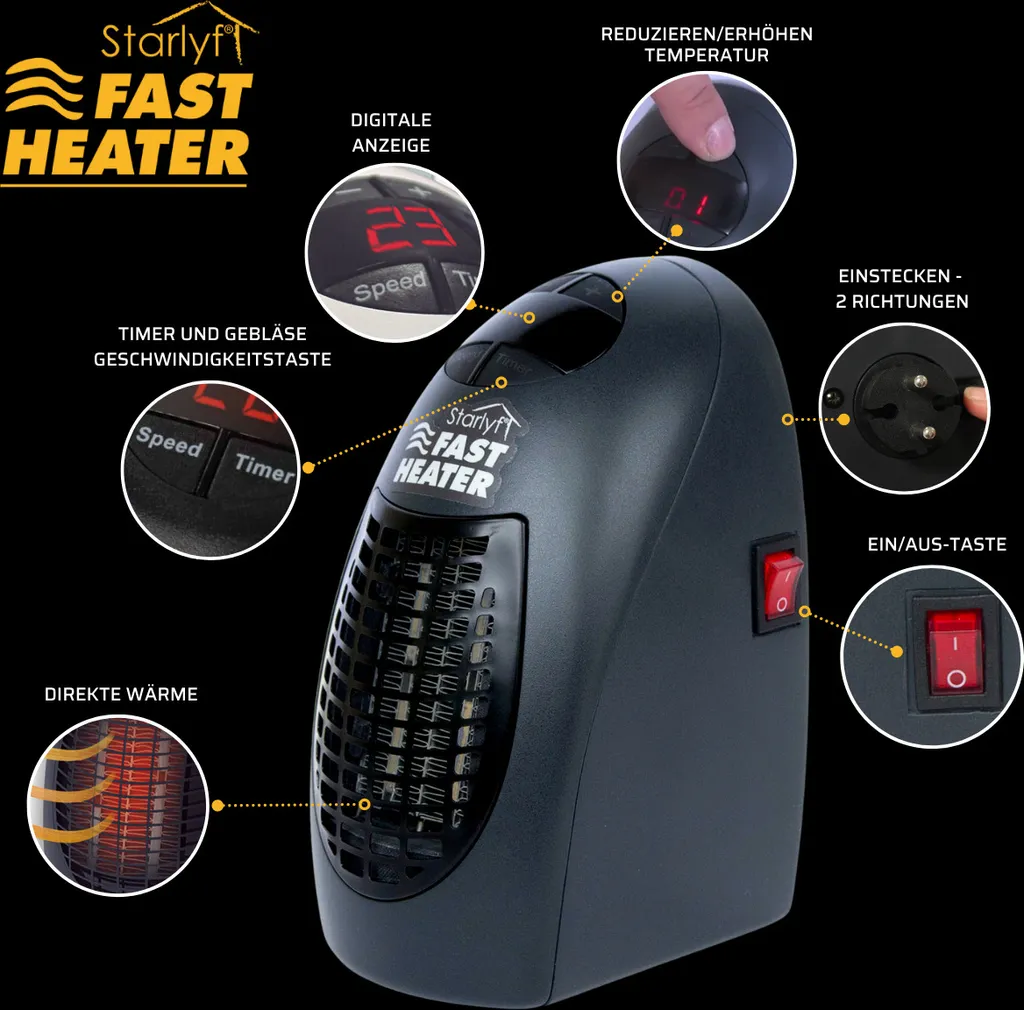 Starlyf® Fast Heater - 400W Tragbare Und Leistungsstarke Steckdosen-Mini-Heizung Schwarz - Original Aus Der TV-Werbung 4 Starlyf® Fast Heater - 400W Tragbare Und Leistungsstarke Steckdosen-Mini-Heizung Schwarz - Original Aus Der TV-Werbung – Bild 4