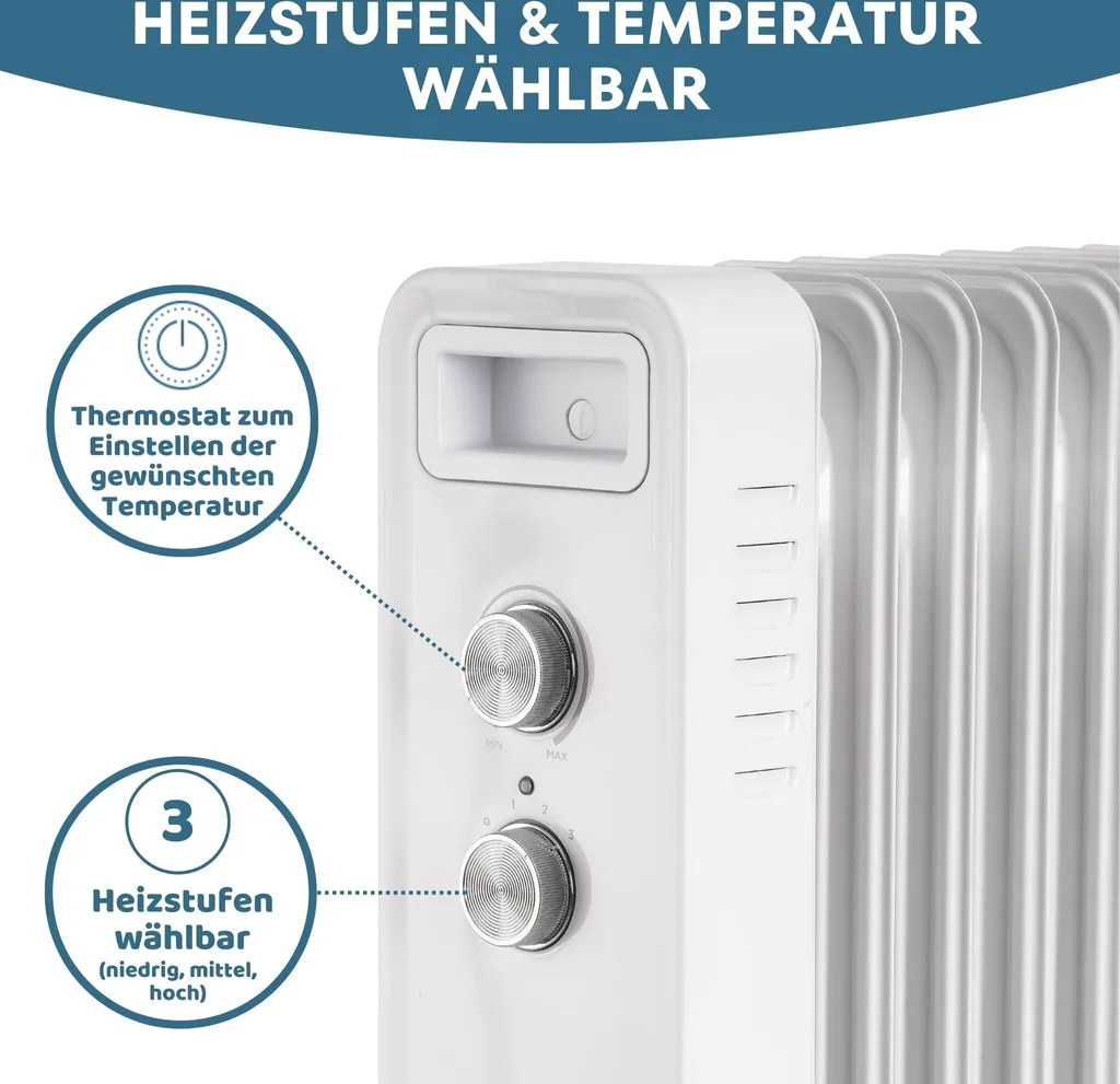 STAHLMANN Ölradiator ZR201 Weiss – Elektroheizung Energiesparend Bis 50 Qm Fläche – Heizung Elektrisch Mit Thermostat Und 3 Heizstufen – Elektrisches Heizgerät, Electric Heater, Watt:2000W 3 STAHLMANN Ölradiator ZR201 Weiss – Elektroheizung Energiesparend Bis 50 Qm Fläche – Heizung Elektrisch Mit Thermostat Und 3 Heizstufen – Elektrisches Heizgerät, Electric Heater, Watt:2000W – Bild 3