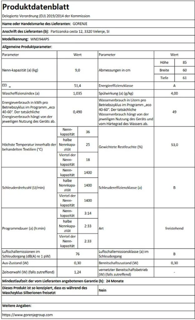 Gorenje WNEI 94 APS Waschmaschine Mit Dampffunktion - 9 Kg Fassungsvermögen - 1400 U/min - 16 Programme - Inverter Motor - Edelstahltrommel - AquaStop - Kindersicherung - Steril Tub - Weiß 11 Gorenje WNEI 94 APS Waschmaschine Mit Dampffunktion - 9 Kg Fassungsvermögen - 1400 U/min - 16 Programme - Inverter Motor - Edelstahltrommel - AquaStop - Kindersicherung - Steril Tub - Weiß – Bild 11