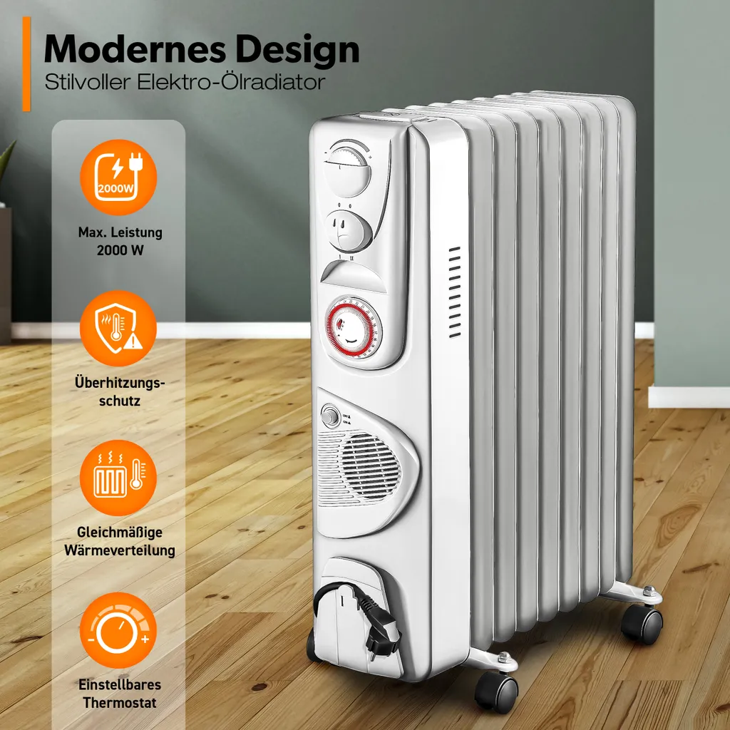 TRESKO® Ölradiator Weiß 2000W Elektroheizung Radiator Öl Heizkörper Heizung Timer 2 TRESKO® Ölradiator Weiß 2000W Elektroheizung Radiator Öl Heizkörper Heizung Timer – Bild 2