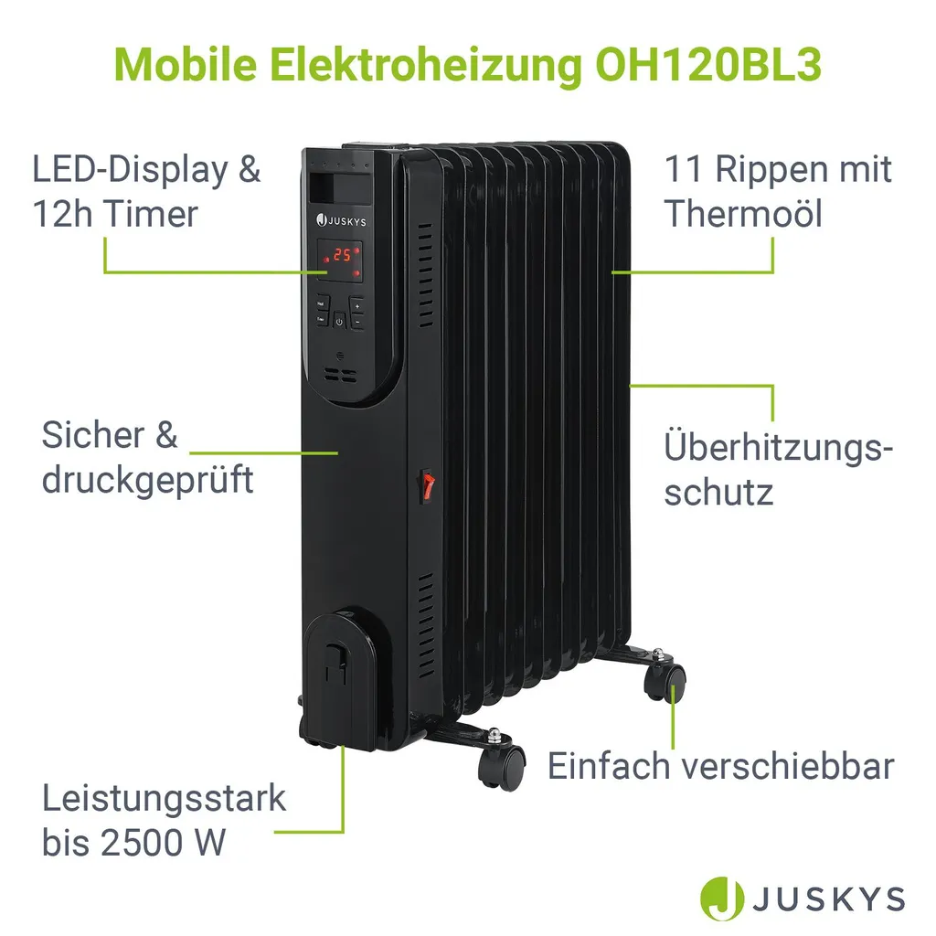 Juskys Elektroheizung Ölradiator 2500 Watt - Heizung Elektrisch Mit 3 Stufen, Thermostat, 12 H-Timer & Überhitzungsschutz - Radiator Schwarz 3 Juskys Elektroheizung Ölradiator 2500 Watt - Heizung Elektrisch Mit 3 Stufen, Thermostat, 12 H-Timer & Überhitzungsschutz - Radiator Schwarz – Bild 3