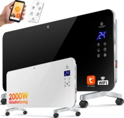KESSER® Elektro Glasheizung Konvektor Elektroheizung Heizung Heizkörper Touch Display, Modell:Schwarz / 2000 Watt