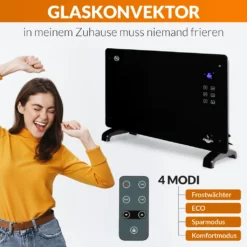Glaskonvektor Elektroheizung Konvektor-Heizung 24h-Timer LCD-Display Touchscreen Fernbedienung - Mobile Energiesparende Leise Heizung Standgerät Heizkörper Thermostat (Schwarz 2000W) -Luft Wrame Haus Geschaft f12fb5ab496652a835ffb22ba87ef0d3