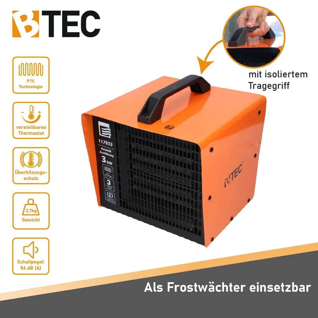 BTEC Keramik Elektroheizer 3 KW, Heizlüfter, Bauheizer, Frostwächter 3 BTEC Keramik Elektroheizer 3 KW, Heizlüfter, Bauheizer, Frostwächter – Bild 3