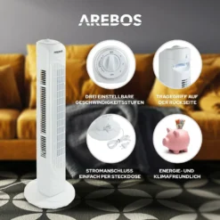 AREBOS Turmventilator, 50 Watt, 60°-Oszillation, 3 Geschwindigkeitsstufen, Ventilator Mit Tragegriff, Weiß, Leise -Luft Wrame Haus Geschaft f798fb1dc5c7772a3391cf4d8c2647be
